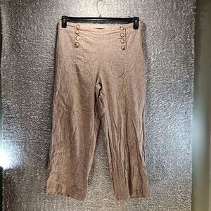 For Cynthia Cropped Pants Brown Linen Side Zip Large Wide Leg Back Pockets